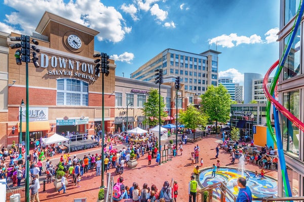View of bustling downtown Silver Spring, Maryland area and condos in the neighborhood