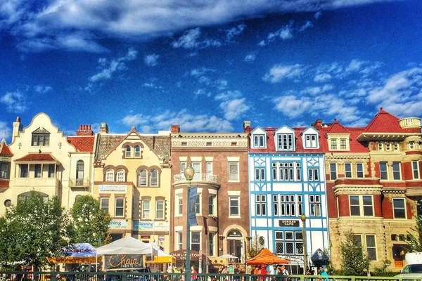 Busy market and colorful, historic row homes located in the district of Dupont Circle