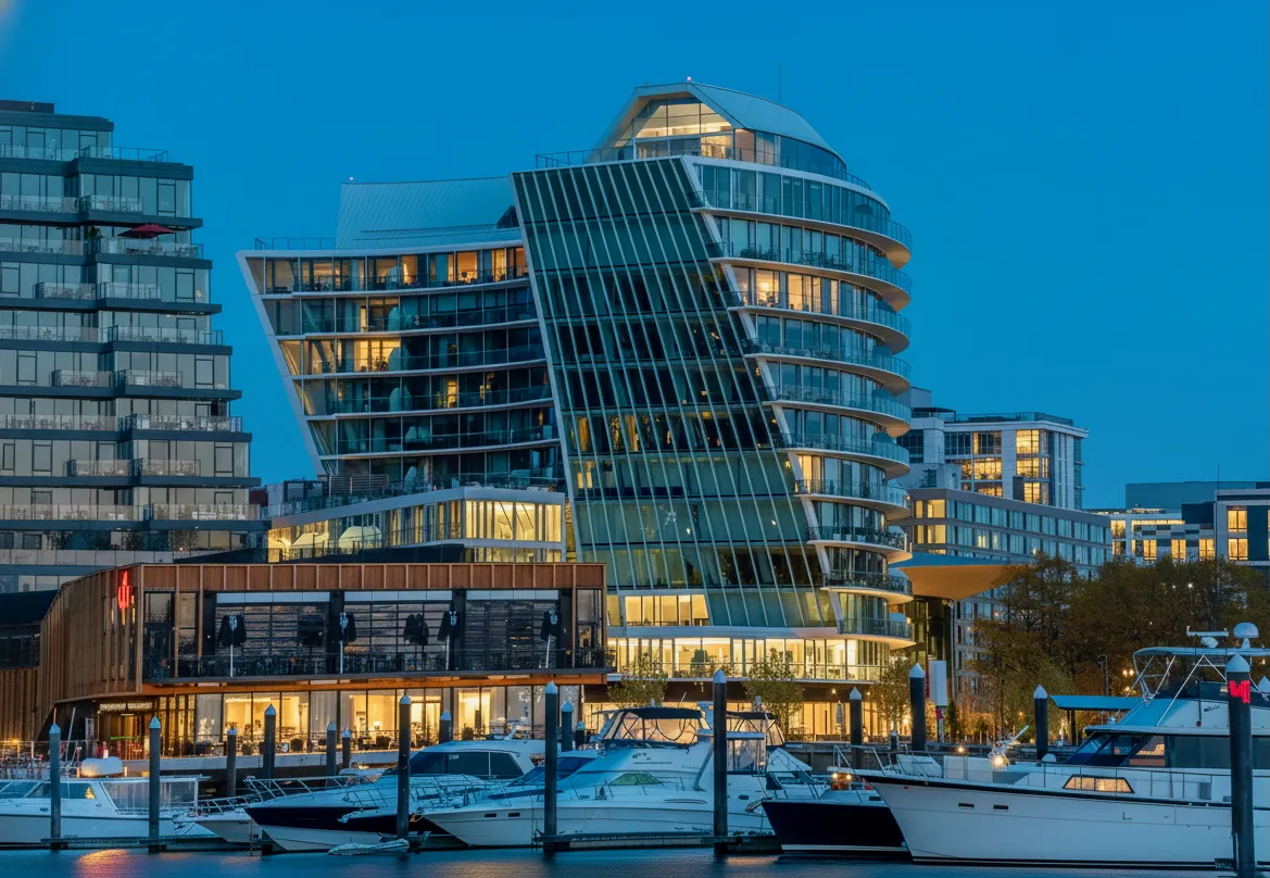 Exterior of industrial, contemporary loft style condo complex in Washington DC